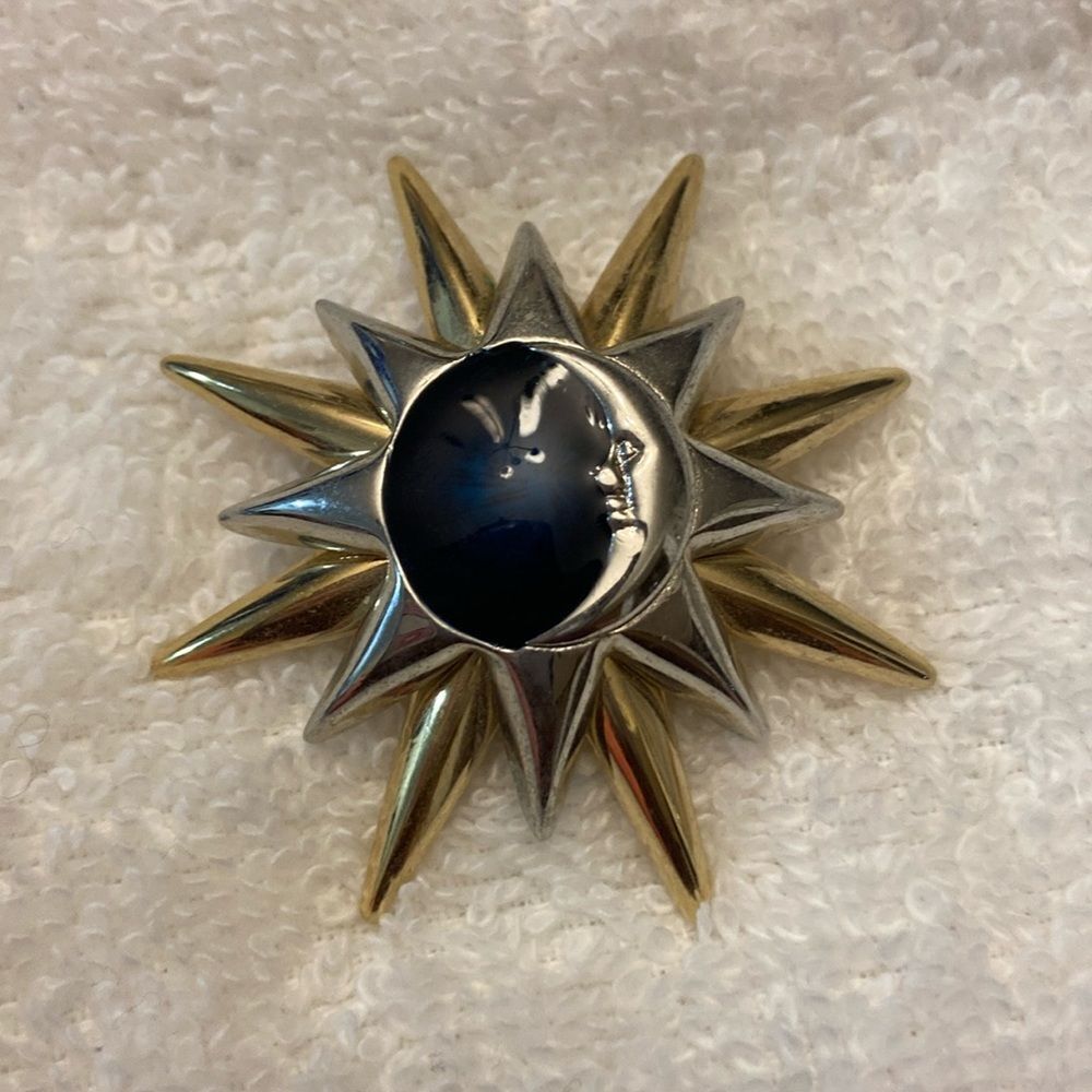 LC Lauren Conrad Black Gold & Silver Tone Crescent Moon Sun Celestial Brooch